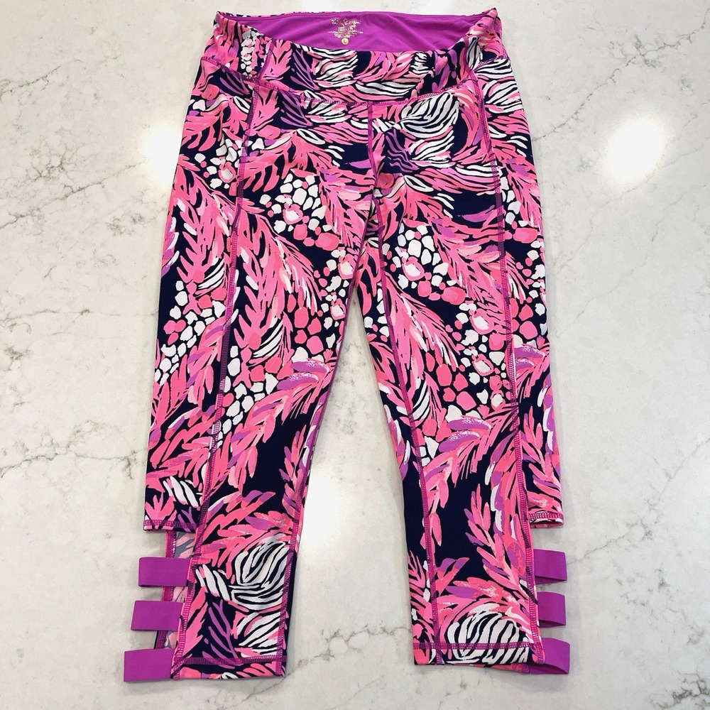 Lilly Pulitzer Luxletic Weekender Cropped Leggings Large Bright Pink Blue UPF 50